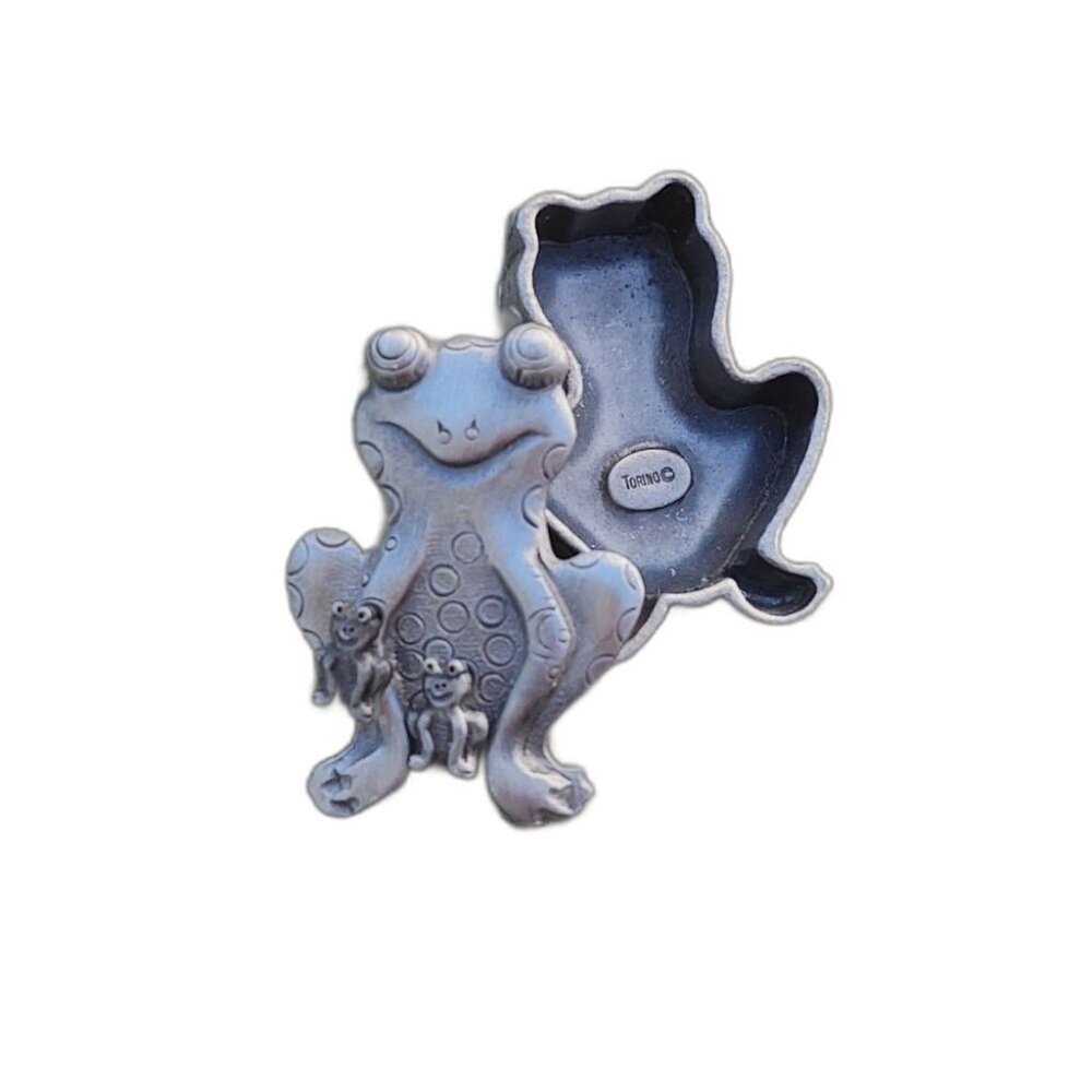 VTG Torino Pewter Frog Earrings Brooch Jewelry Trinket Box